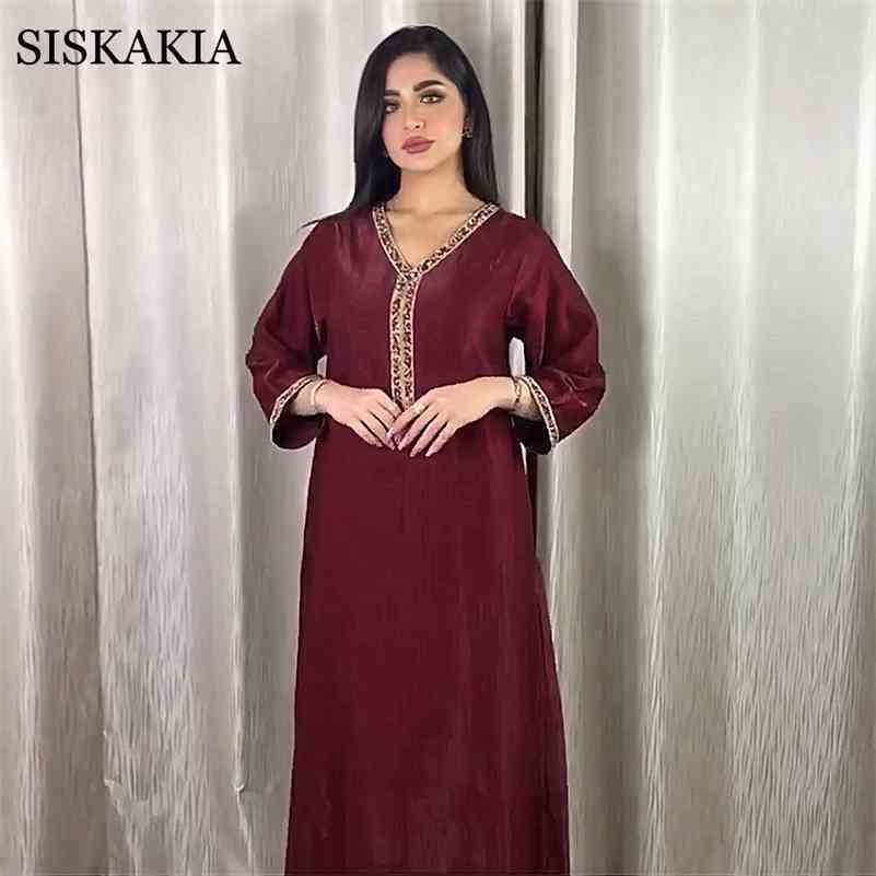 

Siskakia Jalabiya Long Sleeve Maxi Dress for Women Fall Dubai Abaya Fashion Diamond Ribbon V Neck Muslim Arabic Robe 210630, Maroon dress