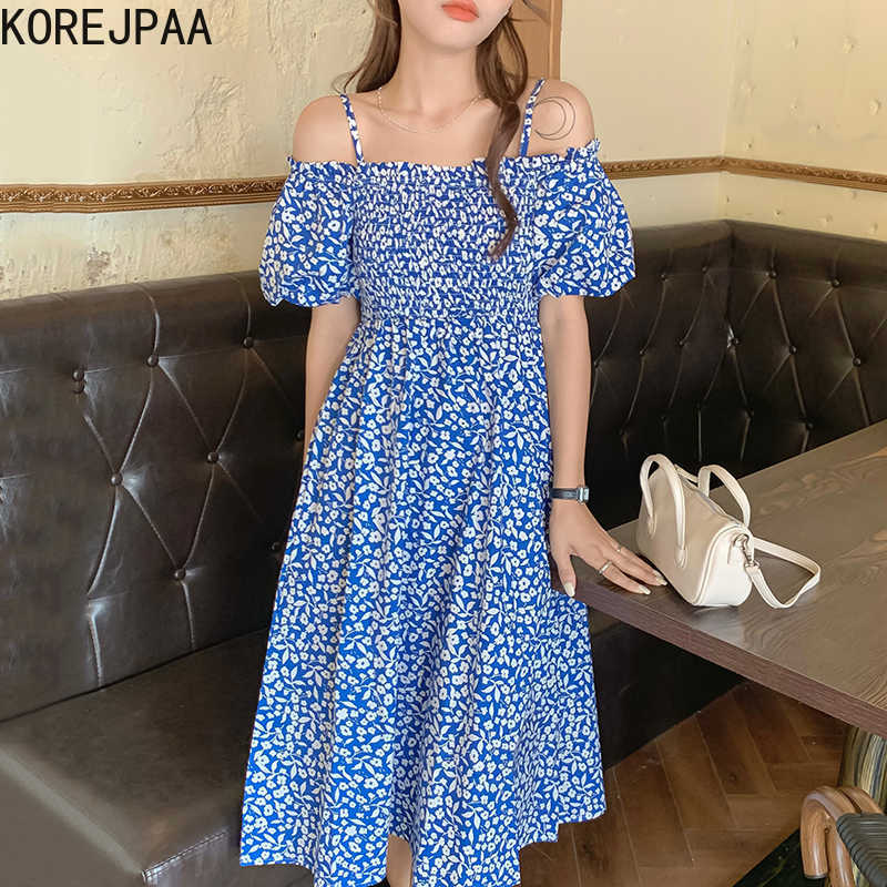 

Korejpaa Women Dress Summer Korean Chic Elegant Print Floral Strapless Pleated Gather Waist Bubble Sleeve Suspender Dresses 210526, Black
