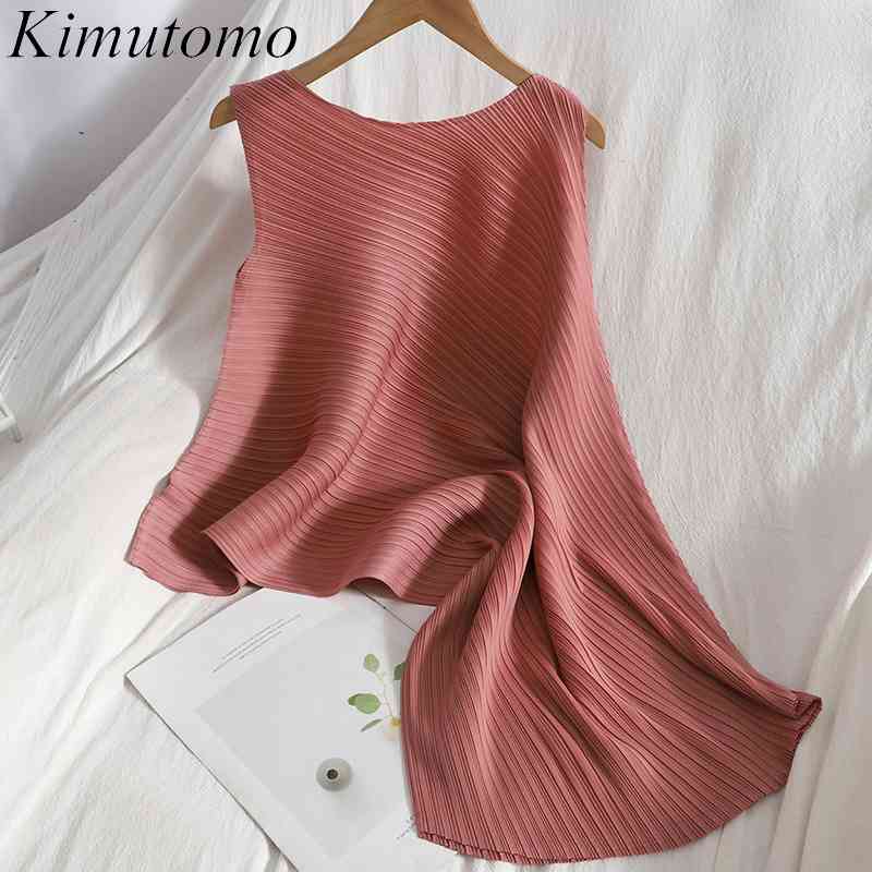 

KIMUTOMO Chic Fashion Tanks Women Summer Korean Style Female Solid Wild Sleeveless Irregular Pleated Tops Elegant 210521, Pink