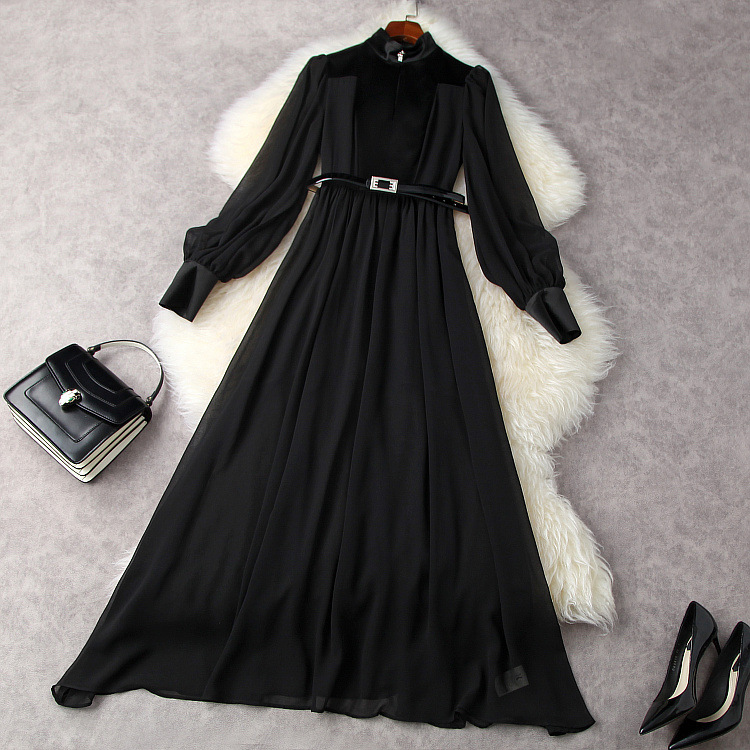 

European and American women' clothing spring 2021 new Lantern sleeve long sleeve stand collar Fashion belt black pleated dress
