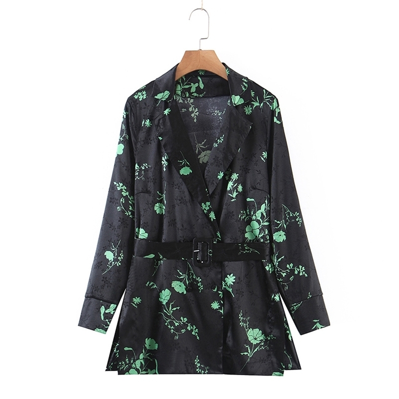 

Black floral printed women's jacquard shirt with belt fashion turn down collar long sleeve spring blouse 210524