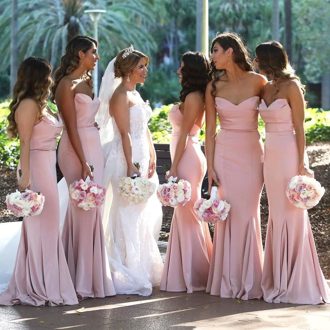 

2021 Unique Blush Pink Long Bridesmaid Dresses Silk Satin Evening Party Dress Strapless Wedding Guest Party Gowns Maid Of Honor Dresses