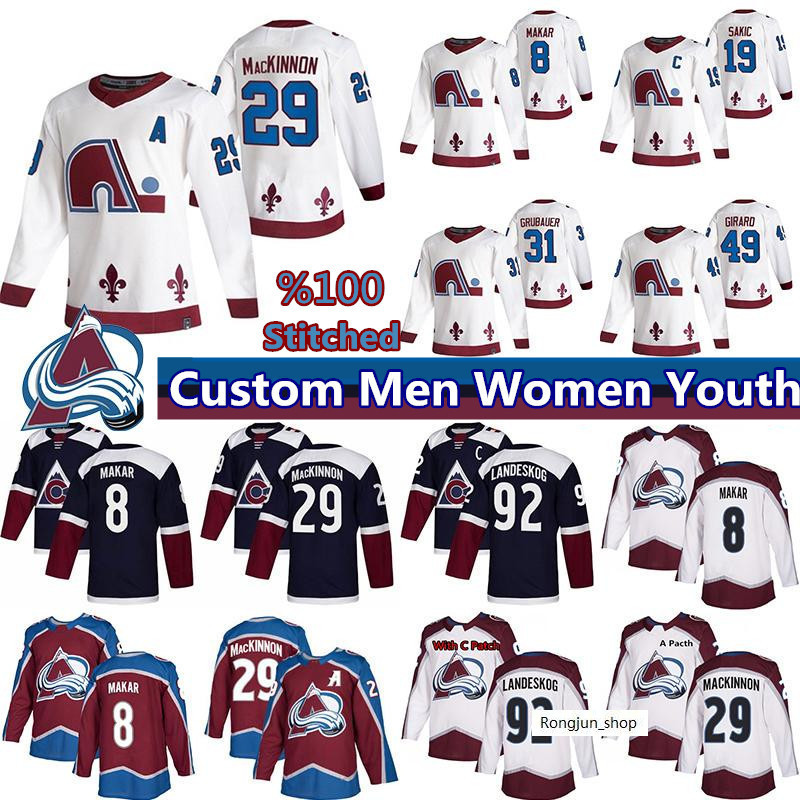 

Colorado Avalanche Jersey Custom Ice Hockey 8 Cale Makar 29 Nathan MacKinnon 92 Gabriel Landeskog 96 Mikko Rantanen 19 Joe Sakic 31 Grubauer, Youth's color 4