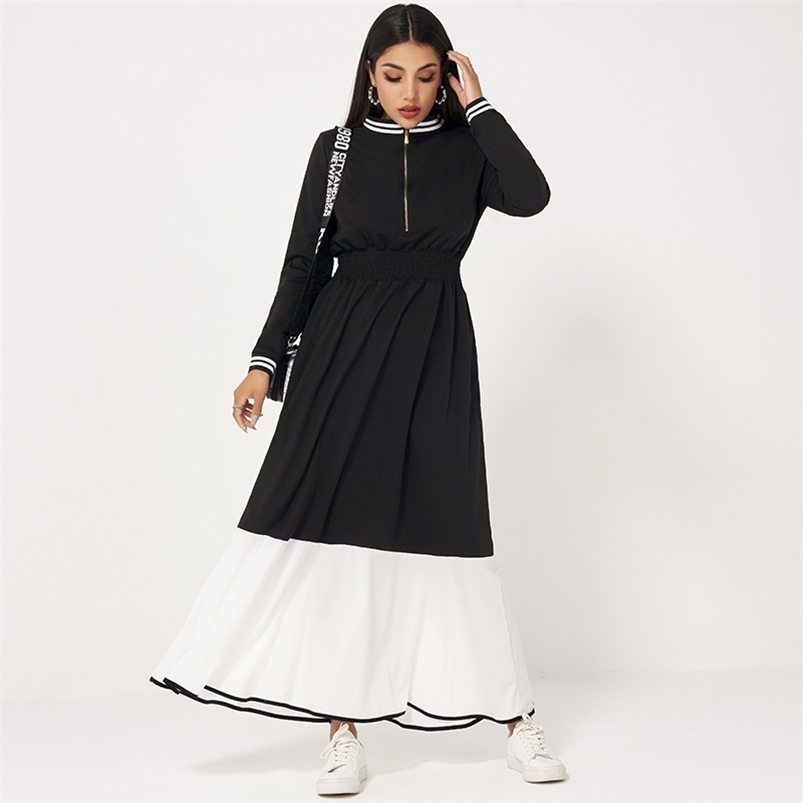 

MAI&FUN Womens Dress Casual Sports Metal Zipper sSretch High Waist Contrast Color Stitching Long Sleeve 210701, Black