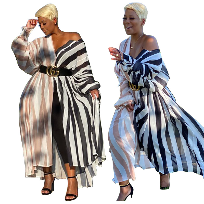 

Women's Sundress Striped Shirt Dress Off Shoulder 2021 Casual Long Sleeve Maxi Vestidos Female Designer Clothes Plus Size 4XL