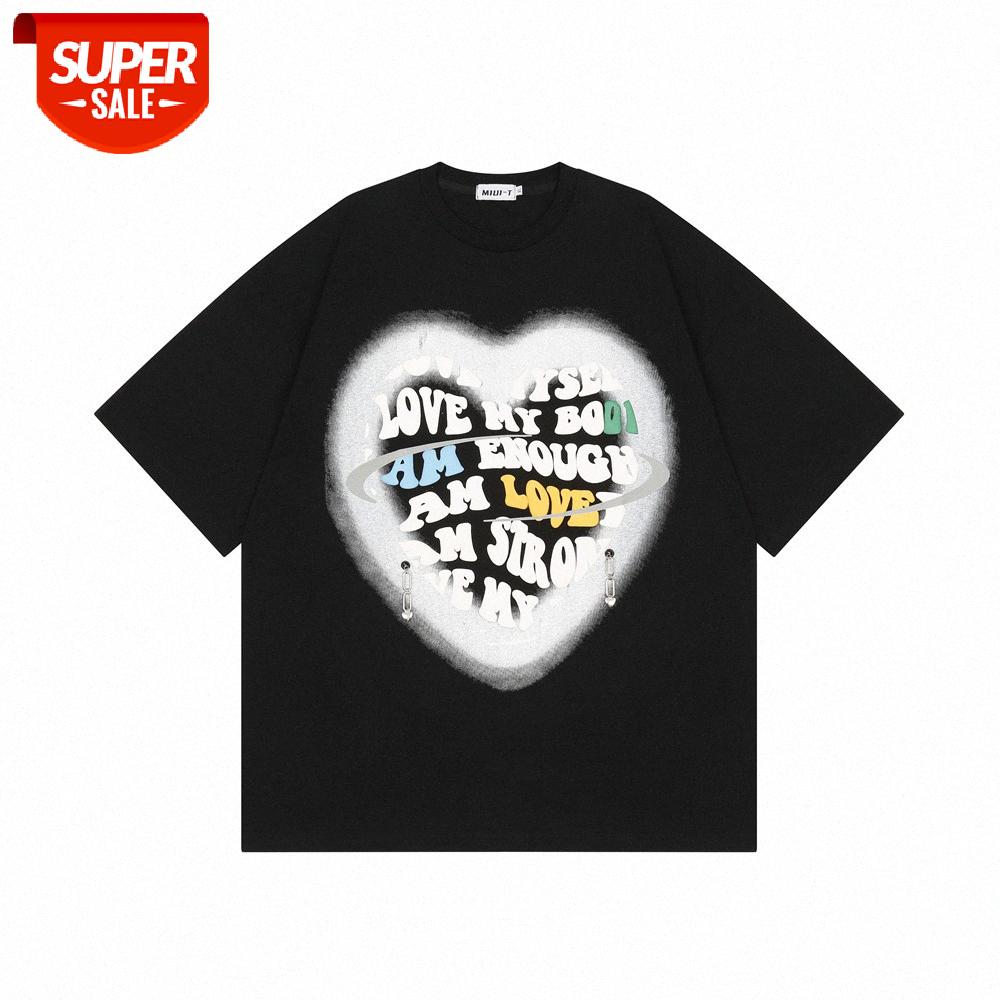 

Love letter foam printing short-sleeved t-shirt men's street fun loose round neck five-point sleeve #TC2o, White;black