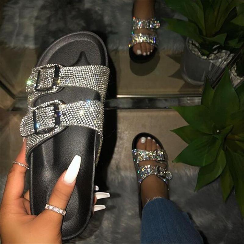 Pantoufles chaussures de plage sandales strass cristal avec EVA Outdoor Summer Taille 37-41 Femmes étudiants glisse à plat Fres