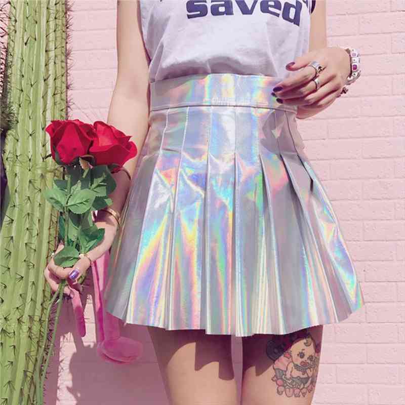 

Runway Metallic A-line Mini Skirt Women Summer Punk Holographic Hologram Skater Skirt High Waist Ball Gown Female Kawaii Mujer, Black