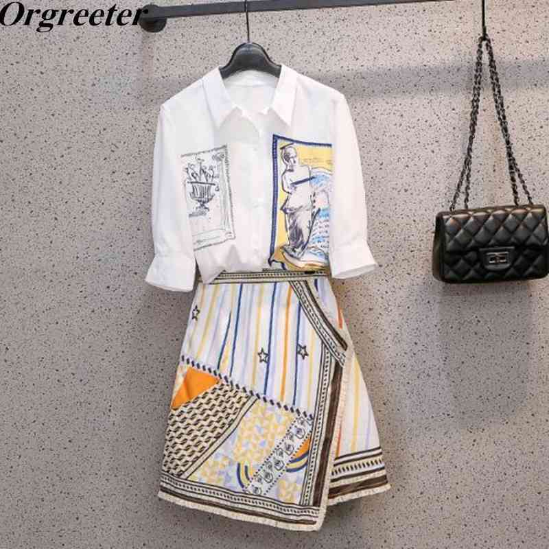 

Plus Size Elegant Ladies Retro Printted Shirt Skirt Two piece set Tassel Stitching Asymmetric With Women's Outfits 210525, Only skirt