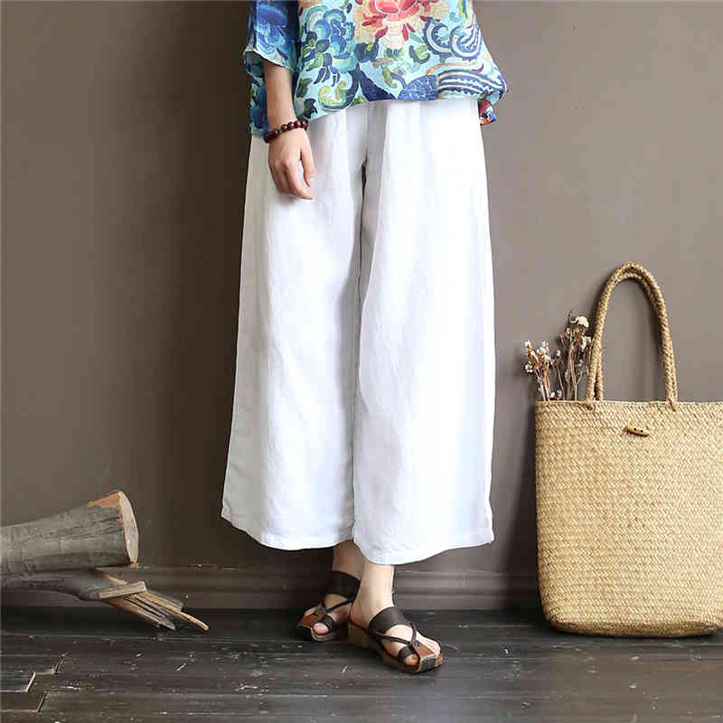 

Johnature Spring Ankle-length Pants Casual Loose Elastic Waist Solid Wide Leg Pants Cotton Comfortable Women Trousers 210521, White