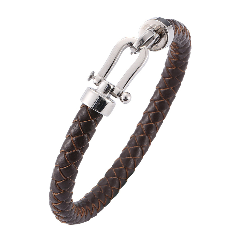 New Design 925 Silver Stainless Steel Charm Braid Genuine Leather Bracelet Handmade Men Jewelry-image-755690466
