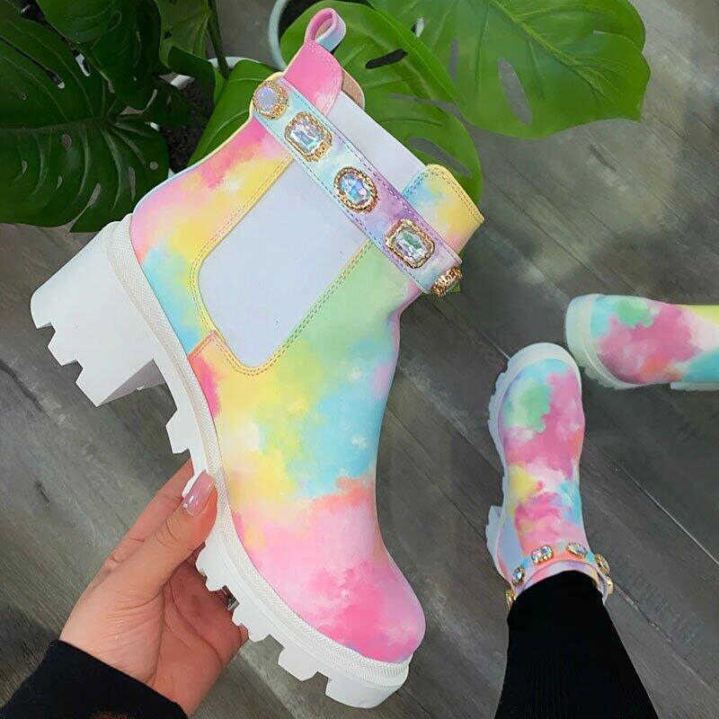 

Women's Ankle Boots Autumn Winter Rainbow Short Boots Square Heel Rhinestone Shoes Non-slip Fashion Thick Bottomn Footwear 2021 Y0914, White