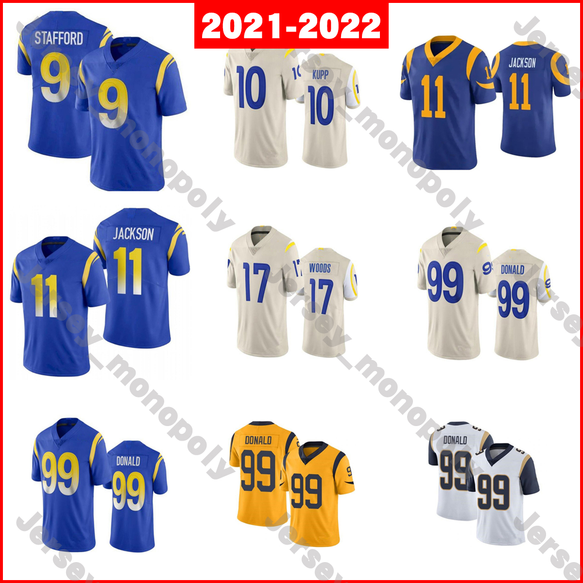 

2021 Football Jerseys 9 Matthew Stafford 10 Cooper Kupp 11 DeSean Jackson 17 Robert Woods 99 Aaron Donald, As