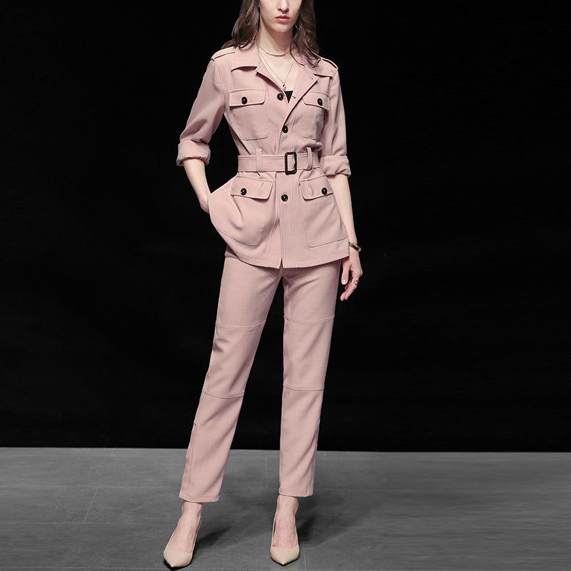 

Women' Two Piece Pants 2021 Fashion Temperament Western Style Two-piece Pink Jacket Feet Suit Women Suits Office Sets, Beige