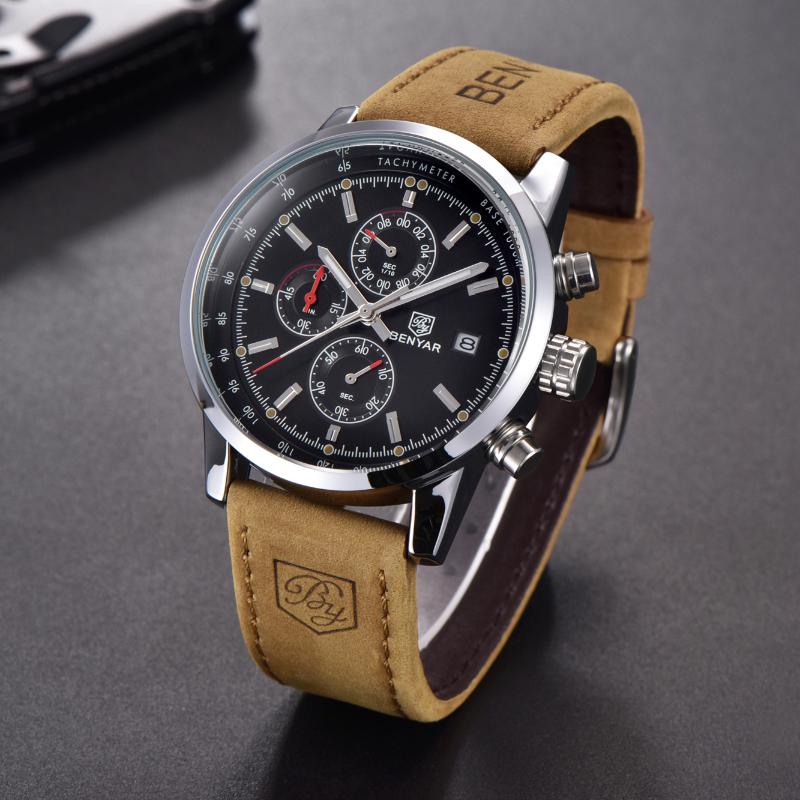 

Wristwatches BENYAR Date Quartz Watch Men Casual Military Sports Watches Leather Wristwatch Male Relogio Masculino Clock, Black gray