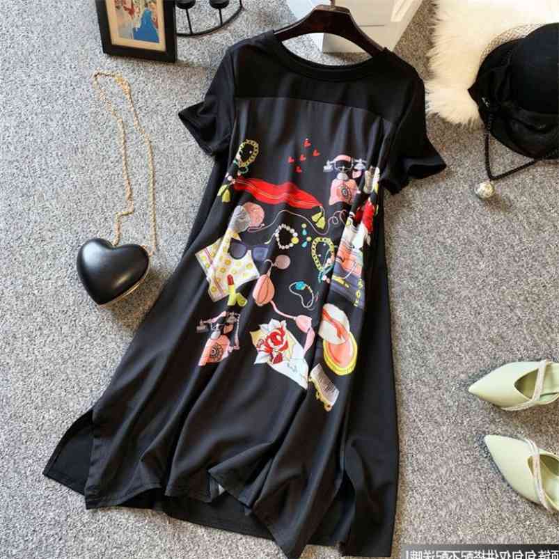 

Summer Dres Large Size Slimming Loose Fashion Belly-covering Length Black Spliced Printing Vintage Oversized 210701
