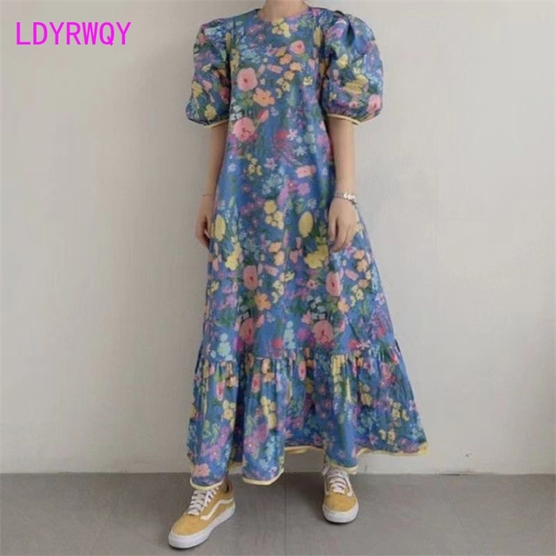

LDYRWQY printing fashion Korean style puff sleeve round neck loose dress with belly covering 210603, Blue