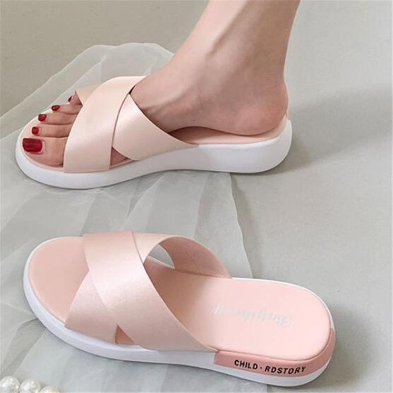 

Slippers Sale Woman Wedge House Platform Shoes Female Beach Peep Toe Sandals Cross Strap Slides Black Beige Pink Eu 35-40