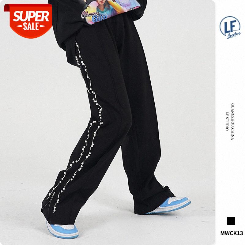 

LawFoo Chinese Men's Fashion Side Beaded Pants Loose Casual #8s9Q, Black