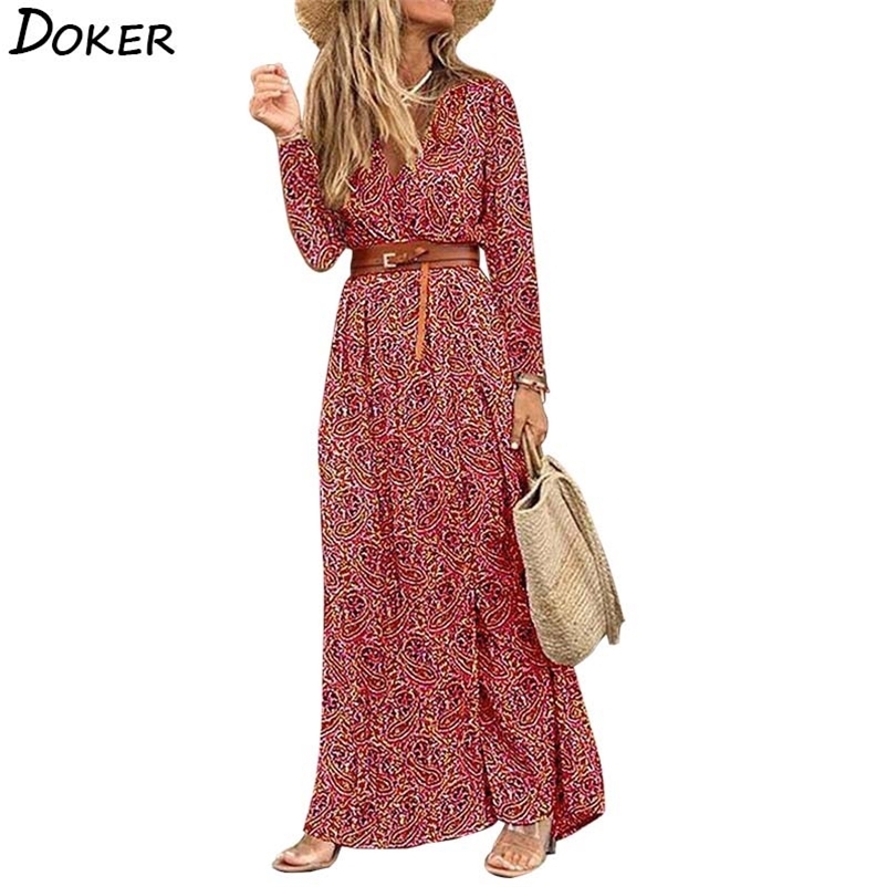 

Vintage Print Maxi Dres Fashion V Neck Long Sleeve Plus Size Casual Boho Beach Elegant Party Ladies es Robe 210604, Brown