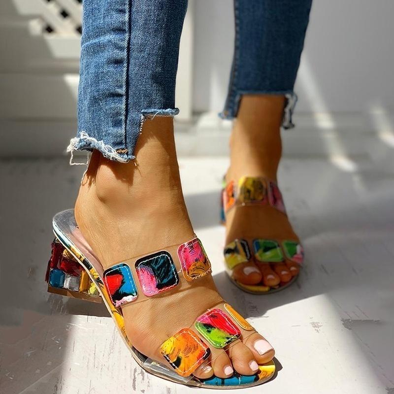 

Sandals Women Square Heels Summer Peep Toe Ladies Multi Colors Wedge Shoes