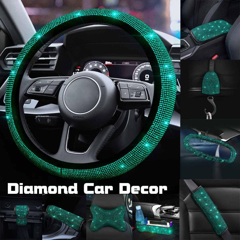 

Universal Sparkle Bling Rhinestone Steering Wheel Cover Center Console Cushion Headrest Pillows Car Interior Protection Case Set Covers