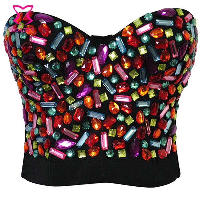 

Bras Burlesque Candy Color Resin Gem Studded Push Up Bra Bustier Crop Top Soutien Gorge Punk Rock Club Party For Women Bralette, Multi