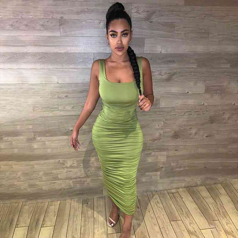 

ruched solid bodycon party dresses women fashion sleeveless skinny clubwear basic midi dress slim female, Black;gray