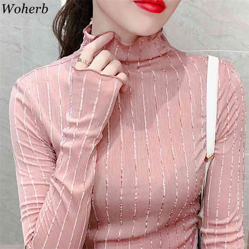 

Spring Tshirt Women Elastic Basic Shirts Korean Casual Long Sleeve Half Turtleneck Lace Tops Ruffles Chiiffon Blusas 210519, Pink