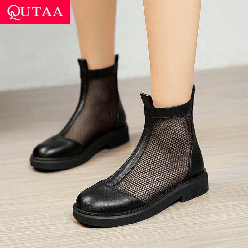 

Ankle Boots Casual Round Toe Women Square Heels Spring Summer PU Leather Mesh Zipper Female Shoes Big Size 34-43, Black