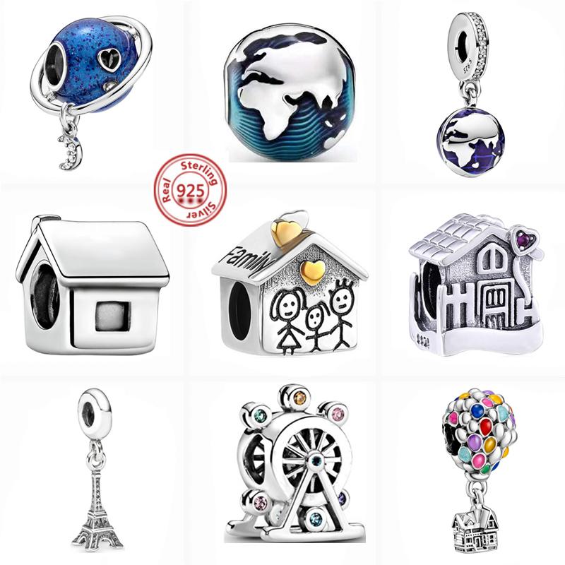 

Other 100% 925 Sterling Silver Houses Ferris Wheel Iron Tower Blue Planet Family Beads Fit Original Charm Bracelet DIY Jewelry