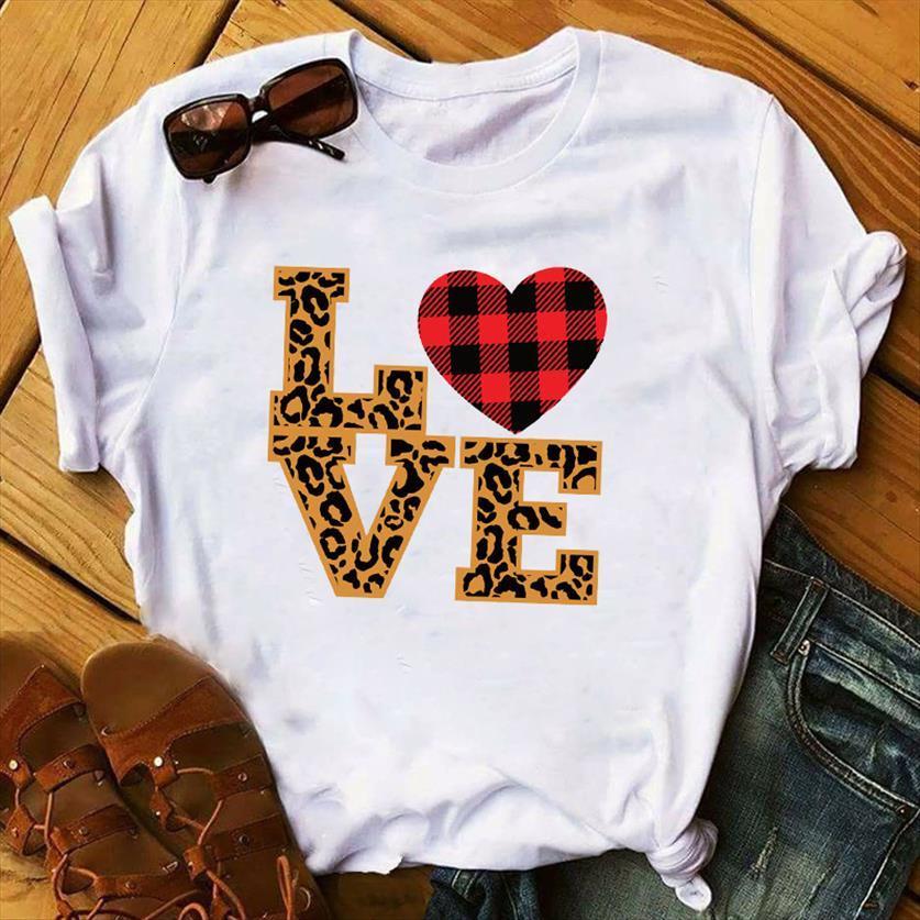 

love leopard heart print women short sleeve o neck loose tee female clothes camisetas mujer, White