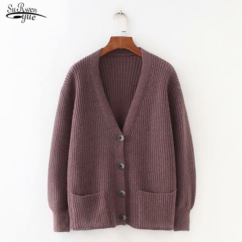 

Women Cardigans Sweater V Neck Solid Loose Knitwear Single Breasted Casual Knit Cardigan Outwear Winter Jacket Coat 10866 210521, Grey-black