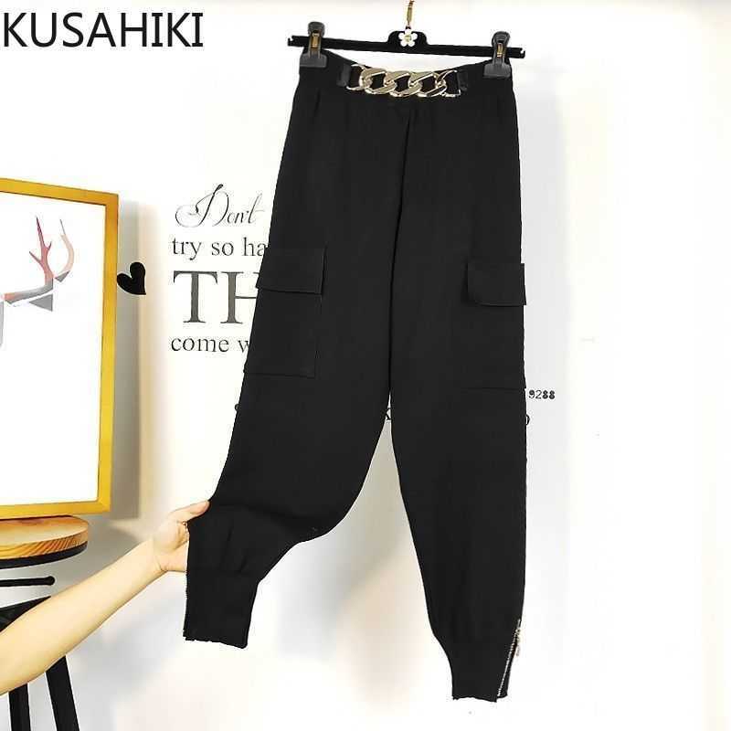 

KUSAHIKI Korean Causal Spring Autumn Trousers Knitted Zipper Harem Pants Chain High Waist Women Sweater Pants 6C667 210602, Black