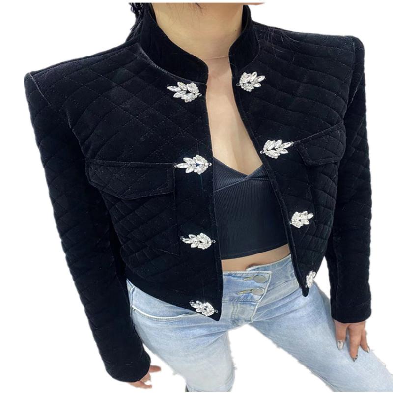 

Women's Jackets French Retro Black Long-sleeved Velvet Short Jacket Women Winter Heavy Industry Rhinestone Stand Collar Outwear, Black;brown
