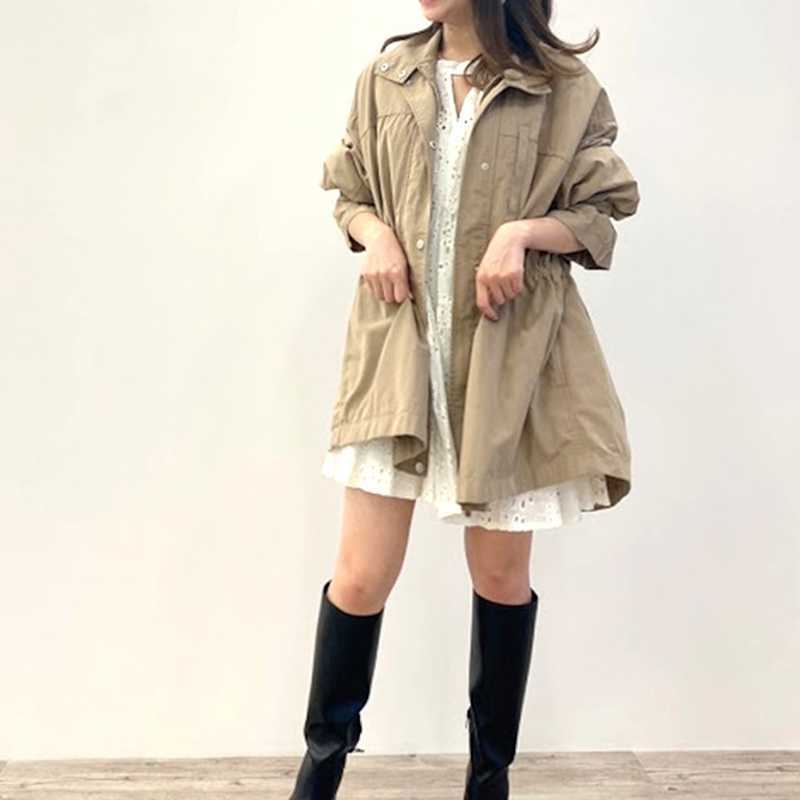 

Turn-down Collar Slim All-match Women Trench Spring Pleated Bandage Sweet Female Coat Fashion Style Casual Windbreaker 210525, Army green