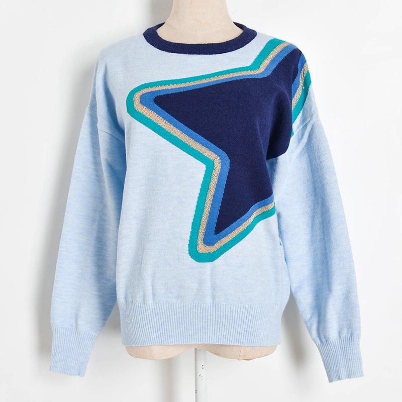 

Women's Sweaters Star Patchwork Knitted Women Loose Sweater Full Sleeves Hip Hop Streetwear Lady Pullovers Clothes Screw Thread, White;black