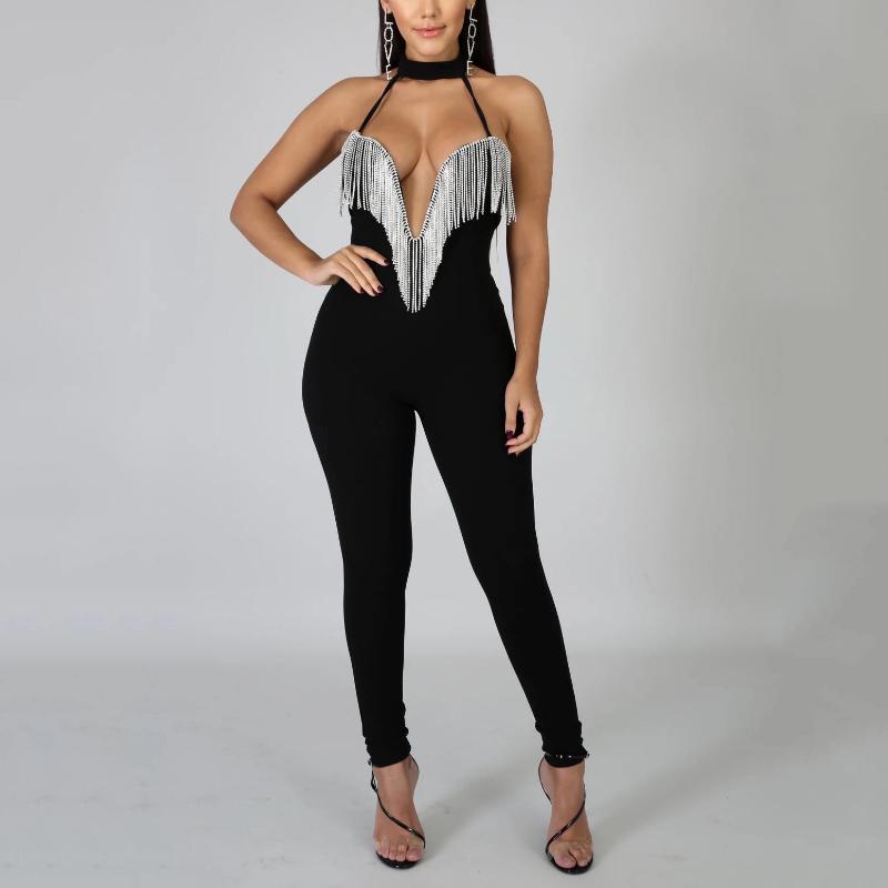 

Women' Jumpsuits & Rompers Sexy Tassel For Women 2021 Party Elegant Halter Hollow Out Backless Bodycon High Waist Solid Evening Club, Blue jumpsuits