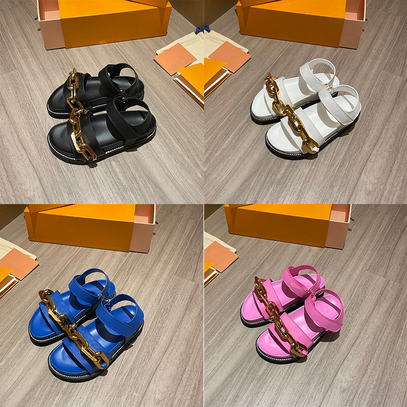 

Soft Calf Leather Flat Comfort Sandals Wide Front Strap With Gold Chain Ladies Fashion Rubber Outsole Slippers Available in 5 Colors Black, I need look other product