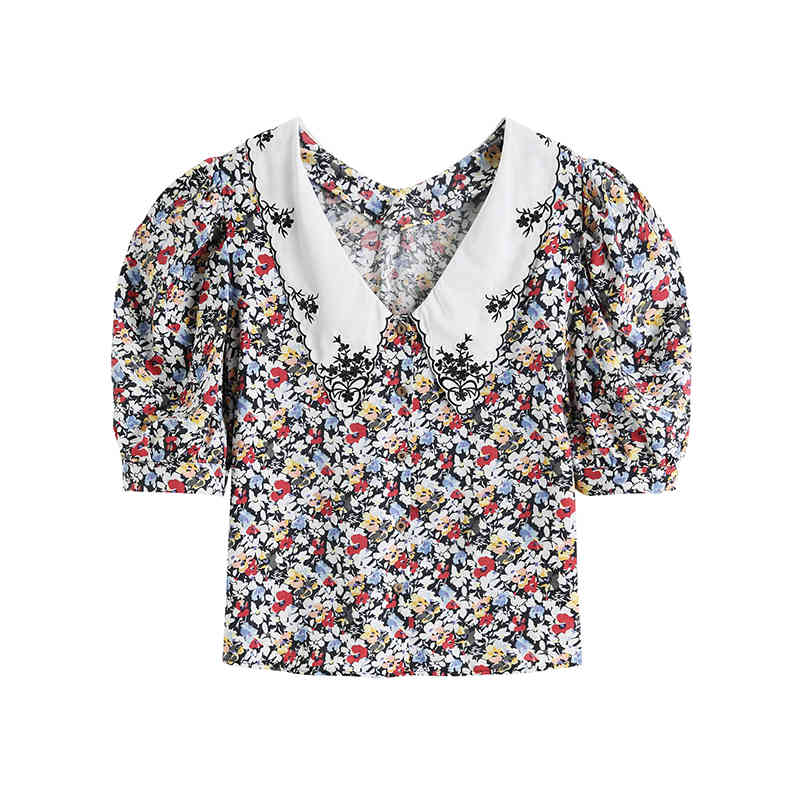 

Women's Blouses & Shirts 2021 Summer Women Sweet Elegant Blouse Vintage Floral Print Lapel Embroidery Five-point Sleeve Shirt Brand Luxury Tide Clothes NXB3, Navy blue