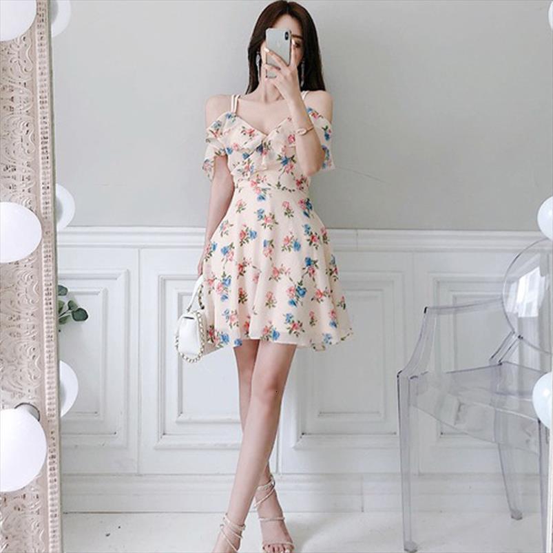 

elegant light pink sweet floral women dress printed ruffle spaghetti strap v neck chiffon a line slim short party, Black;gray