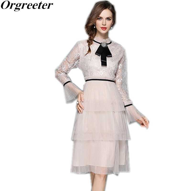 

Women Summer Lace Party Dresses Vestidos Hollow Out Patchwork Mesh Vintage Diamond Bow Pleated Dress 210525, Picture color