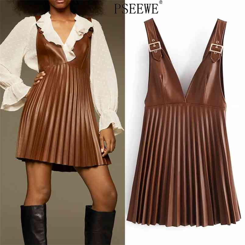 

Faux Leather Pinafore Pleated Mini Dress Women Winter Sleeveless Spaghetti Strap Woman Chic Casual es 210519, Brown