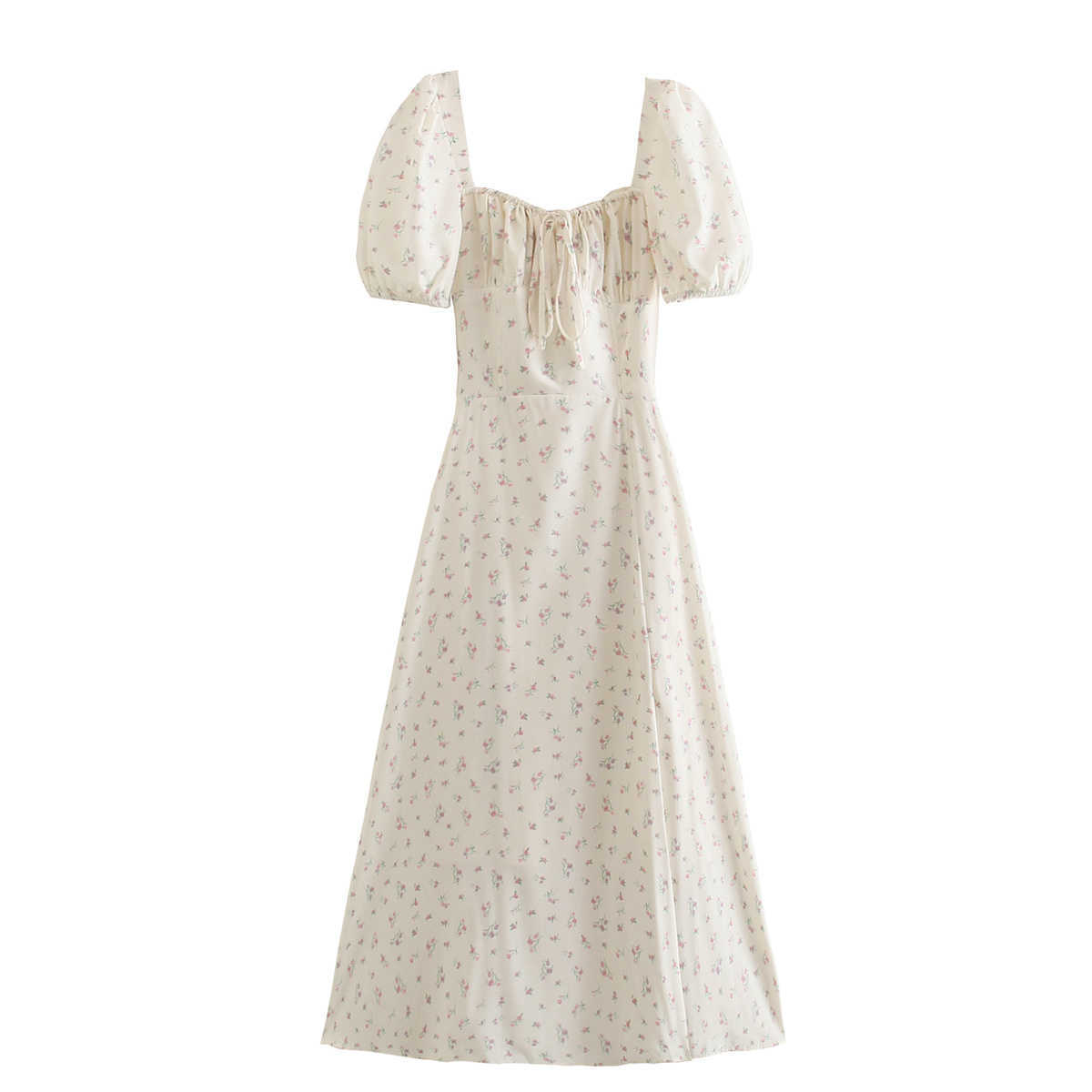 

Dress Women Floral Printed Vintage Dress Puff Sleeves Casual Chic Lady Midi dress Women 210709, Beige