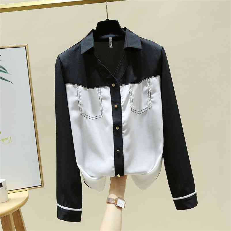 

Spring Autumn Korean Style Turn Down Collar Long Sleeves Patchwork Office Ladies Shirt Women's Casual Blouse Shirts A4420 210519, Beige