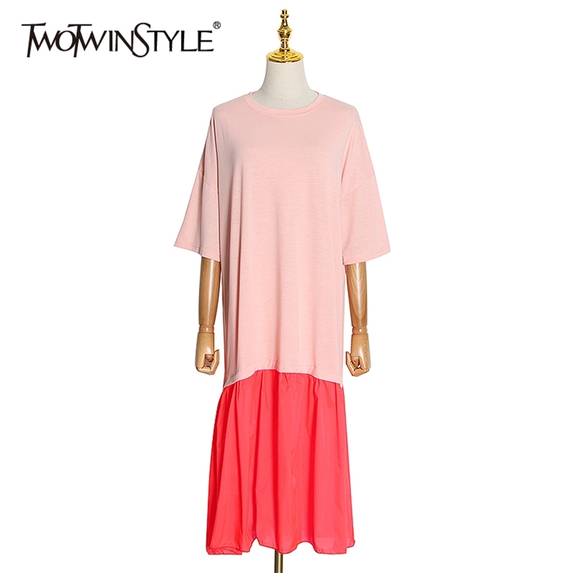 

Casual Patchwork Hit Color Dress Women O Neck Half Sleeve High Waist Midi Dresses Female Summer Clothes 210520, White