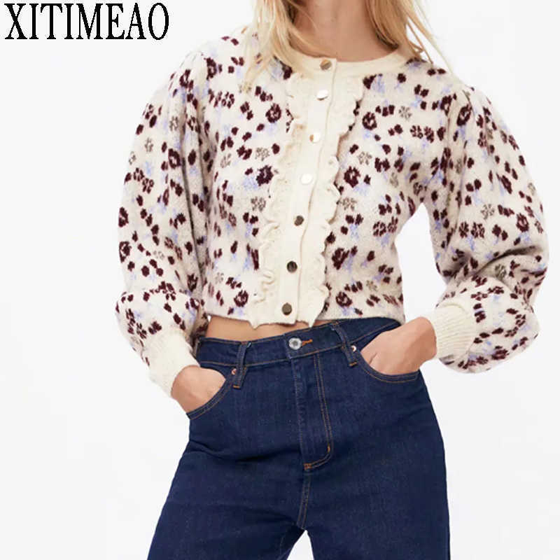 

ZA Women Fashion Jacquard Cropped Knitted Cardigan Sweater Vintage Lantern Sleeve Buttons Female Outerwear Chic Tops 210602, As picture