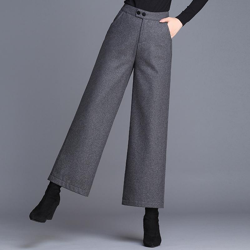 

Women's Pants & Capris Fall Winter 2021 Fashion Womens Female High Waisted Wide Leg Black Grey Woolen , Wool Ankle Length Trousers For Woman