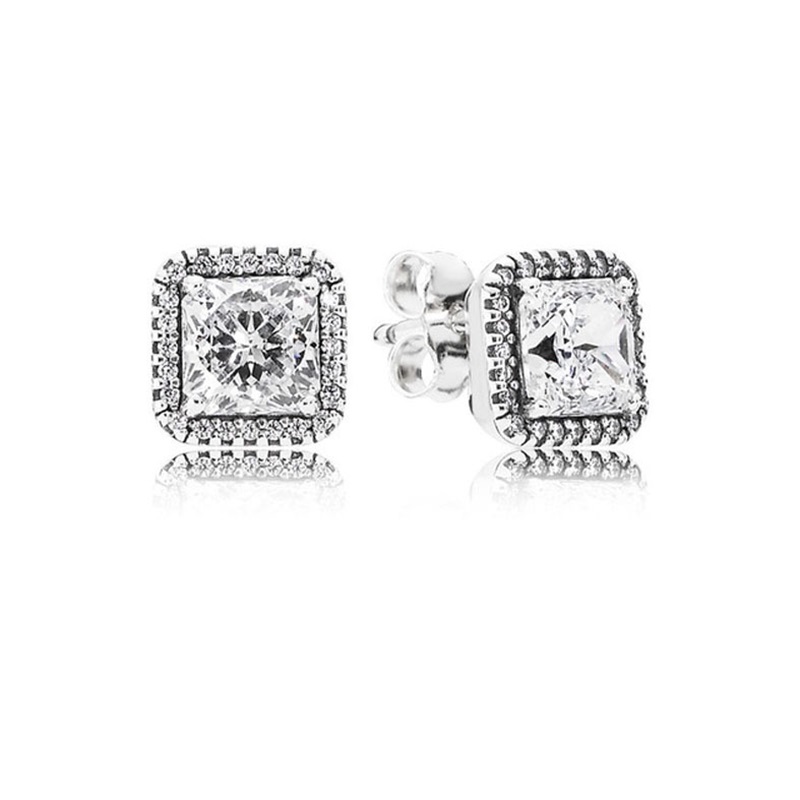 

925 Sterling Silver Square Big Diamond Earring Fit Pandora Jewelry Gold Rose Gold Plated Stud Earring Women Earrings 322 T2