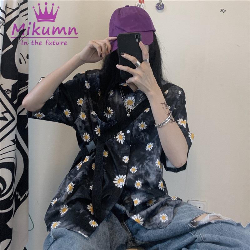 

Streetwear Harajuku Daisy Print Blouse Women Summer Casual Turn-down Collar Loose Short Sleeve Top Shirt Female Blusas Women's Blouses & Shi, White